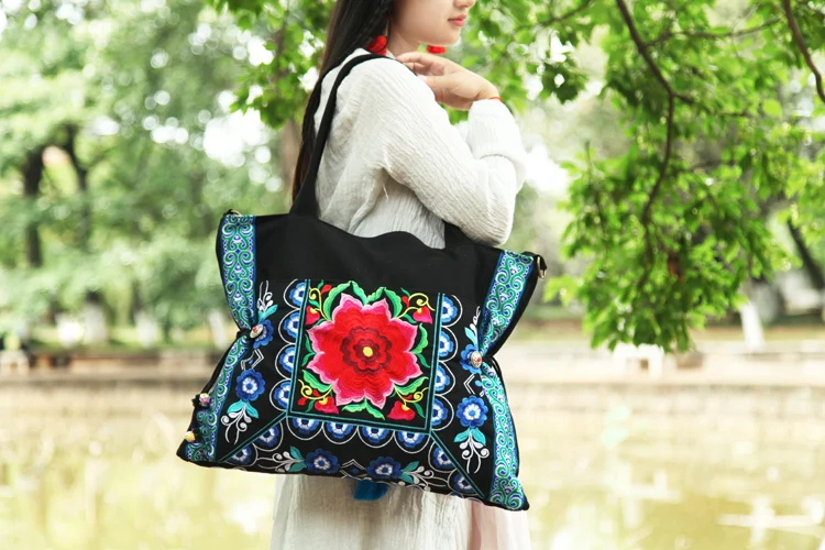 BOHO двойной с двусторонней вышивкой Женские сумки этнические кисточкой lagre сумки на плечо брендовые холщовые сумки через плечо