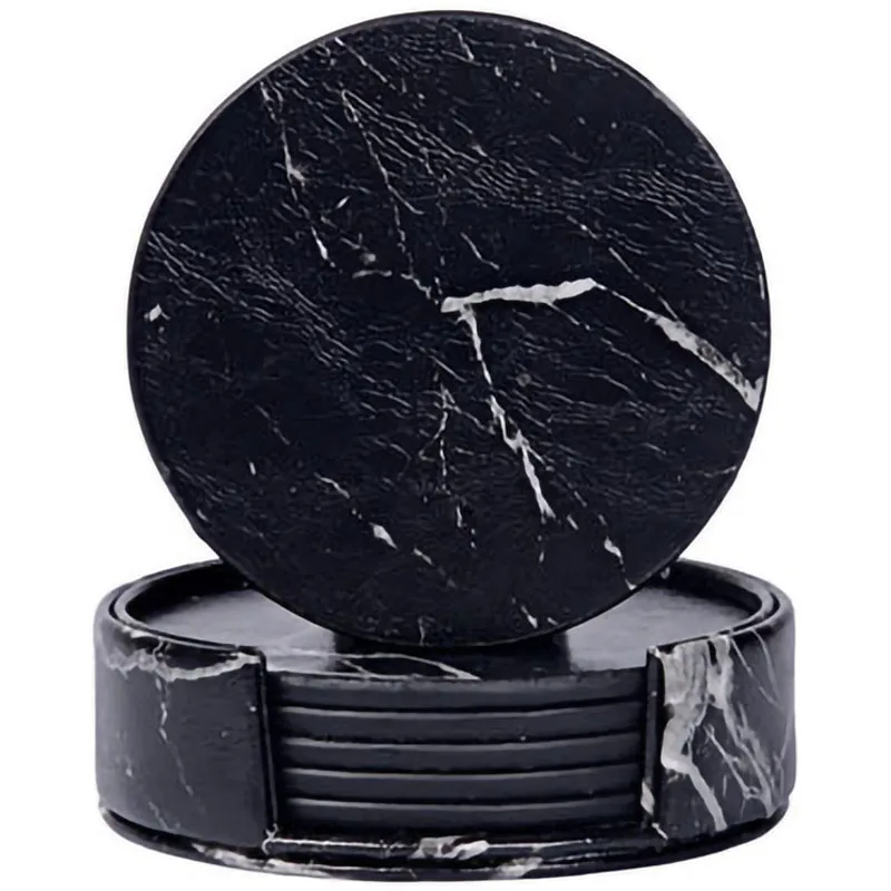 Black PU кожа Мраморная Подставка для стаканов кофе чашки мат подстилки-салфетки под тарелку стол черный белый шик украшения 6 шт - Цвет: Black