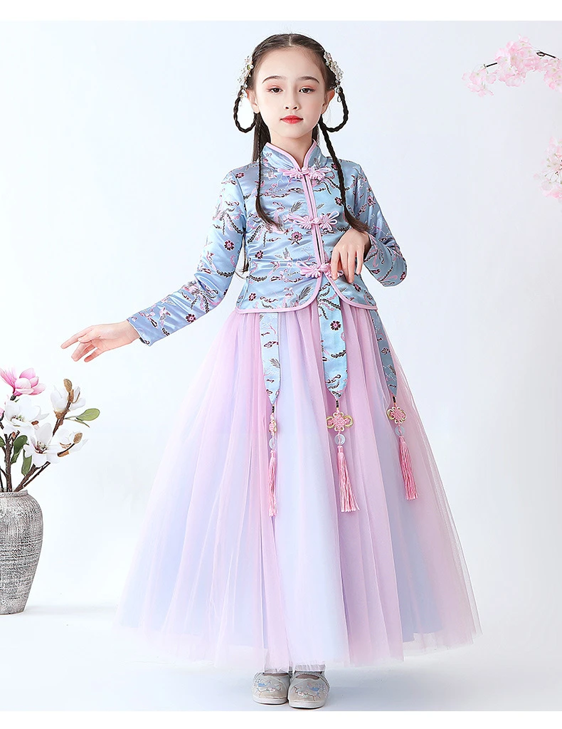 Детское Новогоднее красное платье Hanfu для девочек; платье принцессы с длинными рукавами в китайском стиле ретро; детское платье Ципао с цветочной вышивкой