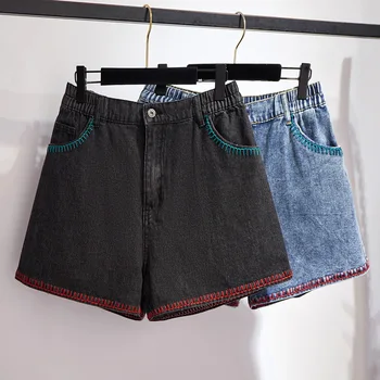

200 Extra Large WOMEN'S Dress Fat mm Summer Embroidered Denim Shorts Outer Wear Slimming Straight Wide-Leg WOMEN'S Pants 61065