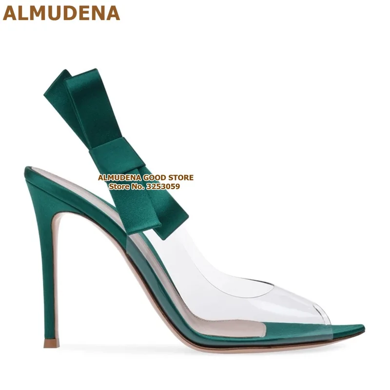 ALMUDENA/изумрудные атласные туфли-лодочки на высоком каблуке с бантиком модельные туфли из прозрачного ПВХ с острым носком босоножки на завязках с открытым носком и бабочкой