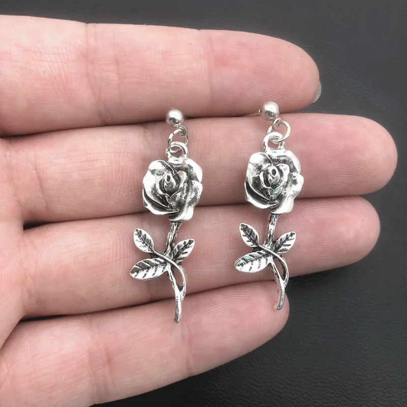 Gothic Punk Earl Flowers Black Silver Wild Rose Dangle Earrings