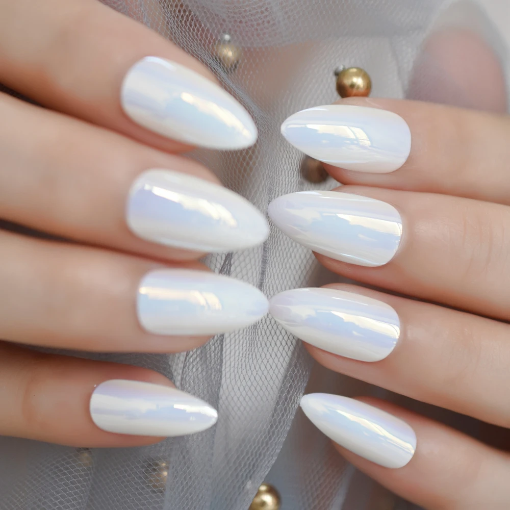 

White Stiletto Simple Daily False Nail Duo Chrome Medium Sharp Nail Tips 24 Simple Designed Artificial Manicure Accessories
