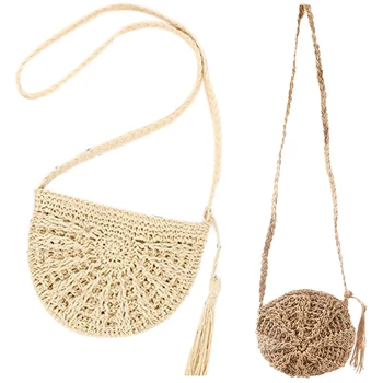 

2Pcs Straw Crossbody Bag Women Weave Shoulder Bag Round Summer Beach Purse and Handbags - Beige & Light Brown