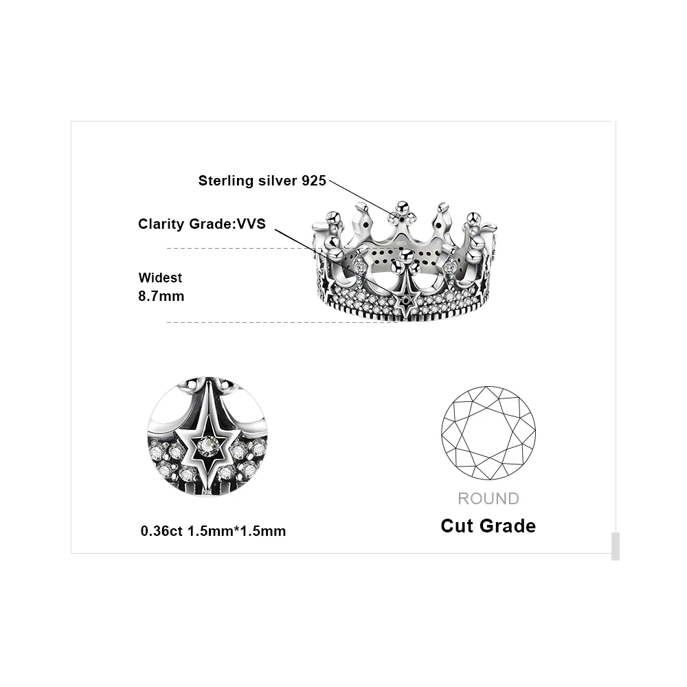 JewelryPalace Vintage Tiara Crown Solid 925 Sterling Silver Cubic Zirconia Cool Star Punk Band Rings for Women Fashion Jewelry