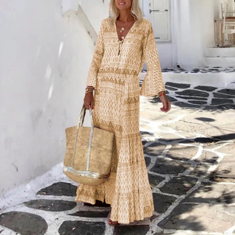 

Women Vintage Geometric Print Long Party Dress Lady Elegant Flare Sleeve Summer Beach Dress 2021 Spring V Neck Boho Party Dress