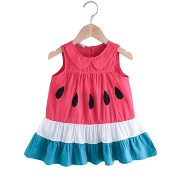 

Baby Girl Dress 2020 Summer High-Waist Dresses Sleeveless Watermelon Printed Buttons Ruffle Dress