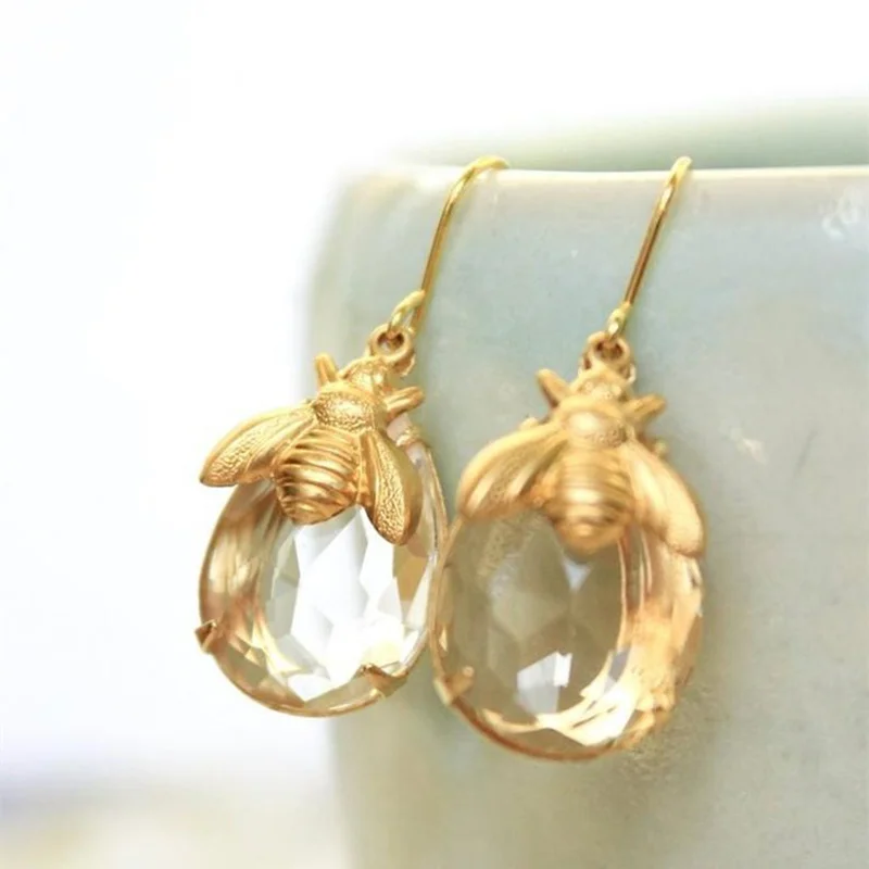 Gold Honey Bee Earrings Bumblebee Drop Crystal Clear Glass Insect Gift Honeybee for Women Fashion Jewelry | Украшения и