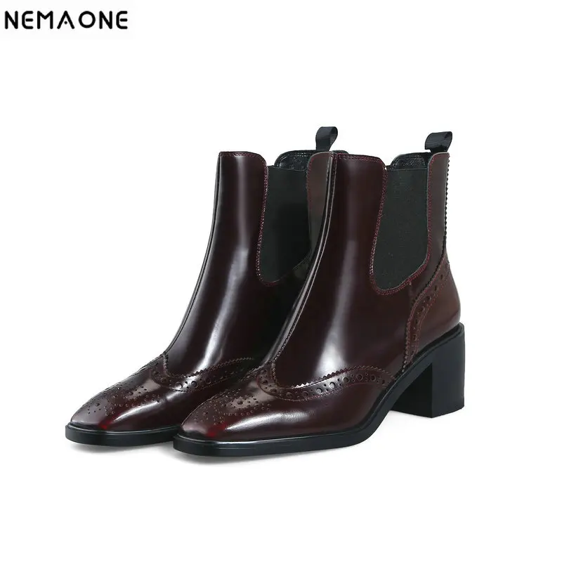 

NEMAONE cow leather high heels Ankle Boots Autumn Winter Ladies square Toe Basic Boots Party Wedding dress pumps size 42 43