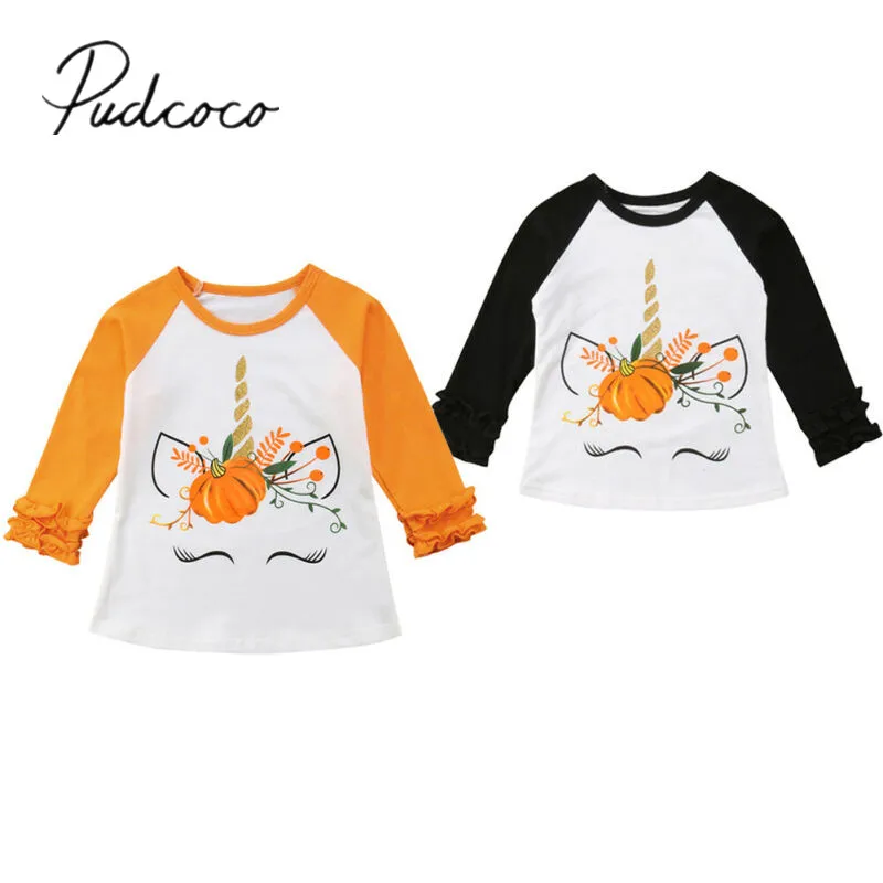 

2019 Baby Spring Autumn Clothing Fashion Halloween Kids Baby Girl Cotton Unicorn Tops Ruffled Long Sleeve T-shirt Casual Clothes
