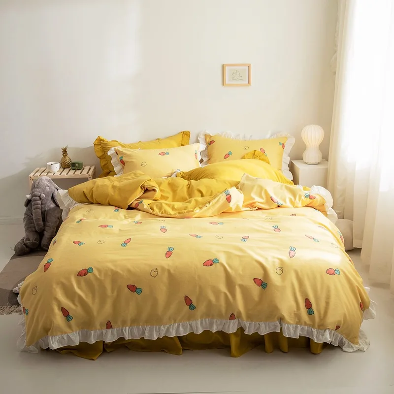 Постельное белье с оборками в Корейском стиле, набор постельного белья из 100% стиранного хлопка, летний комплект пододеяльников с
