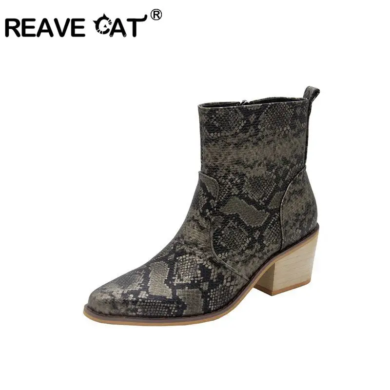 Женские ковбойские ботильоны REAVE CAT осенне-весенние полусапожки из змеиной кожи