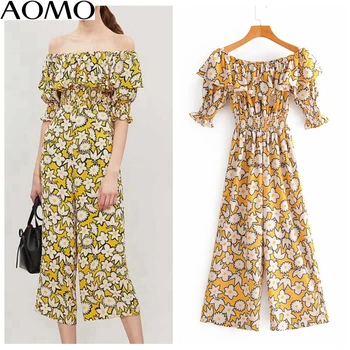 

AOMO jumpsuits for women print ruffles long jumpsuit off shoulder short Sleeve pocket slash neck female beach Jumpsuit 2F52A