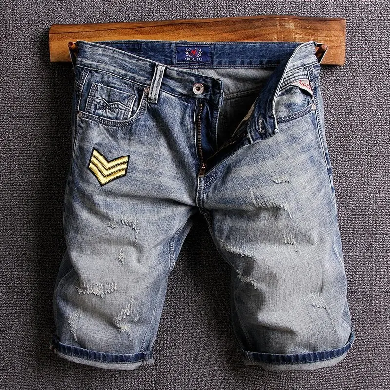 

Italian Style Fashion Men Jeans Shorts Summer Patches Designer Ripped Denim Shorts Men High Quality Hip Hop Short Jeans Homme