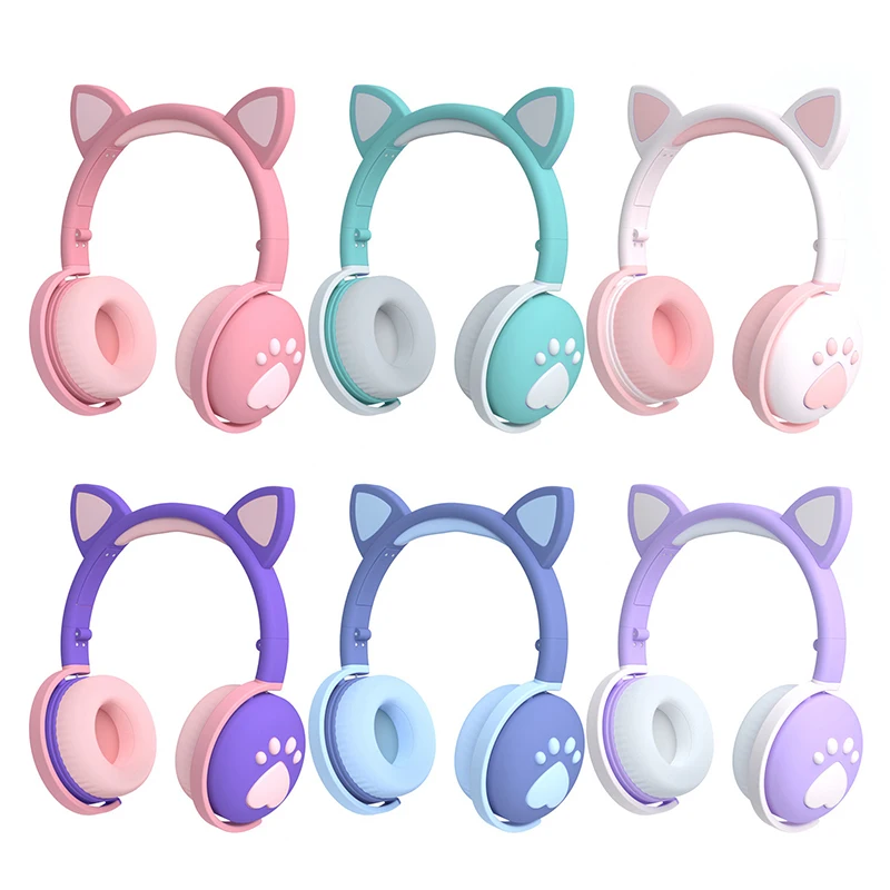 Cute glowing Bluetooth Headphones LED Cat Ear Paw Girls Gift Kids Wireless Headset HIFI Stereo Bass 3 5mm Plug with Mic