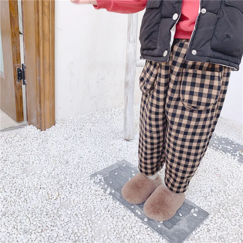 Зимние Модные флисовые утепленные штаны-шаровары в клетку для мальчиков повседневные хлопковые брюки для маленьких девочек Детская универсальная одежда