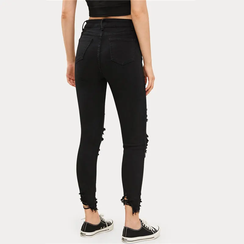 ROMWE Твердые необработанный край джинсы рваные джинсы для женщин уличная черные джинсы осень молния летают обтягивающие джинсы повседневные джинсы