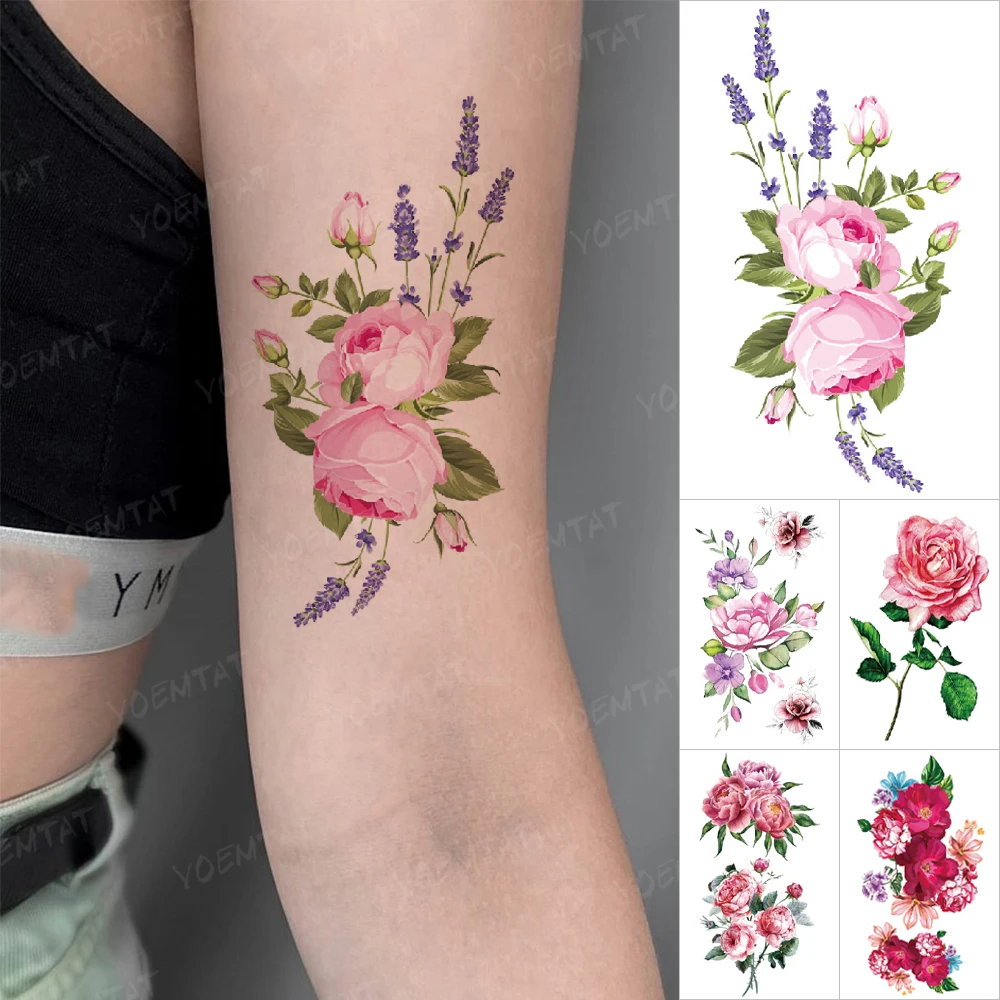 

Waterproof Temporary Tattoo Sticker Pink Rose Purple Lavender Aesthetic Small Mini Tatoo Shoulder Men Women Glitter Tattoos Kids
