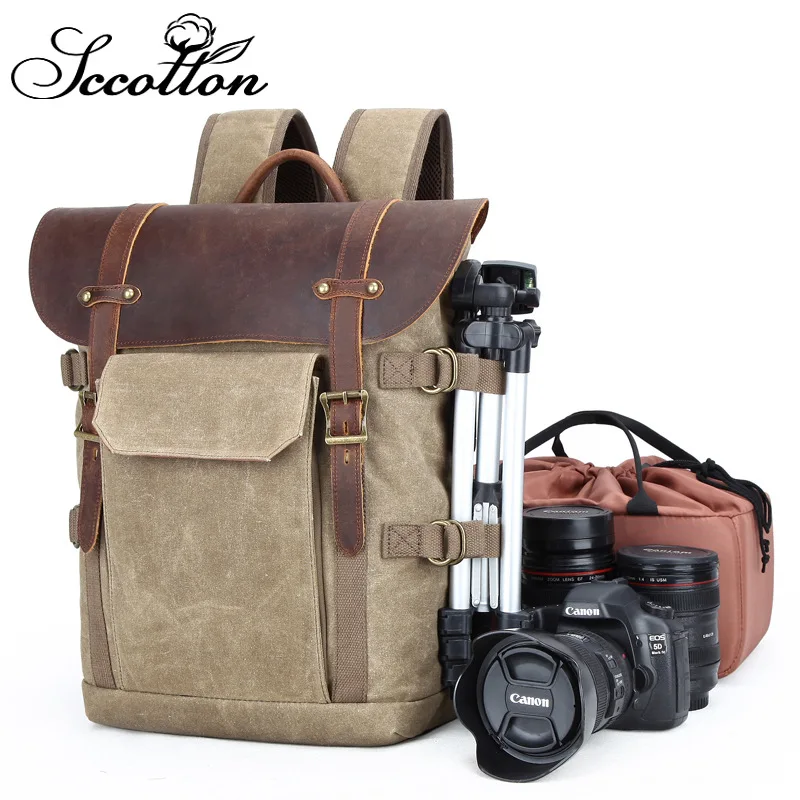

Qisemian Shoulder Camera Bag DSLR Camera Bag Waterproof Batik Canvas Retro Fashion Digital Camera Backpack