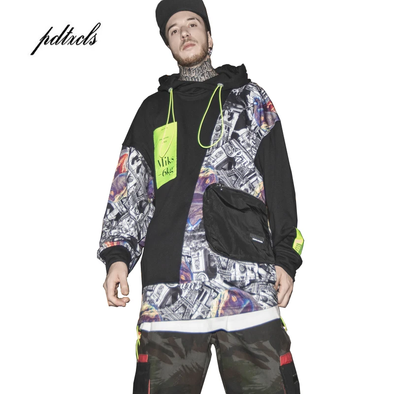 

High Street Irregular Splicing Loose Zipper Pocket Hot Hip hop Stranger Things Mens Hoodies Streetwear Rear Print Sweatshirts