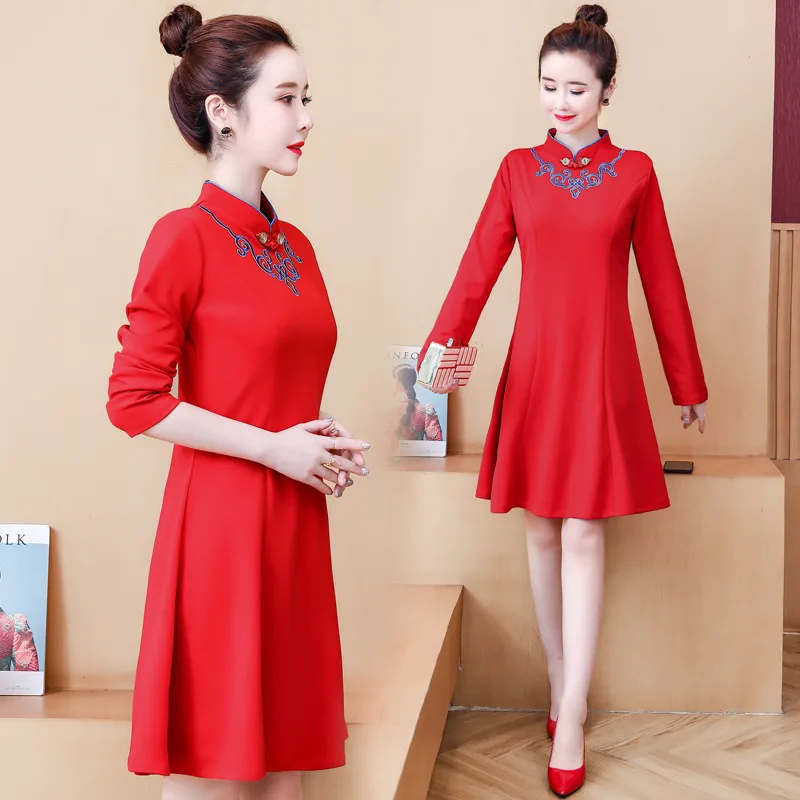 

Photo Shoot 2020 Spring And Summer New Style Long Sleeve Improved Cheongsam Dignified Glorious Embroidery Lady Elegant Dress Wom