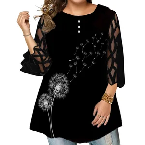 Blusa informal de malla con manga transparente para mujer, camisa con estampado Floral, talla grande, primavera y otoño, 2021