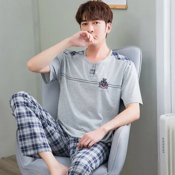 

Summer Short Sleeve 2PCS Sleepwear Pijamas Suit Men Cotton Pajamas Set Casual Loose Nightwear Intimate Lingerie Homewear 2XL 3XL