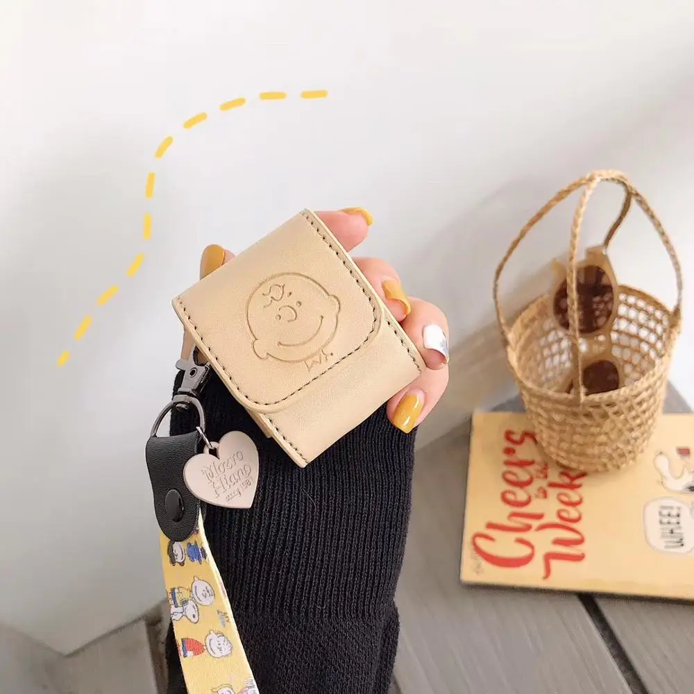 

Luxury Cartoon Peanut Charlie Brown Leather Wireless Earphone Charging Cover for Apple AirPods 1 2 Bluetooth Headset lanyard
