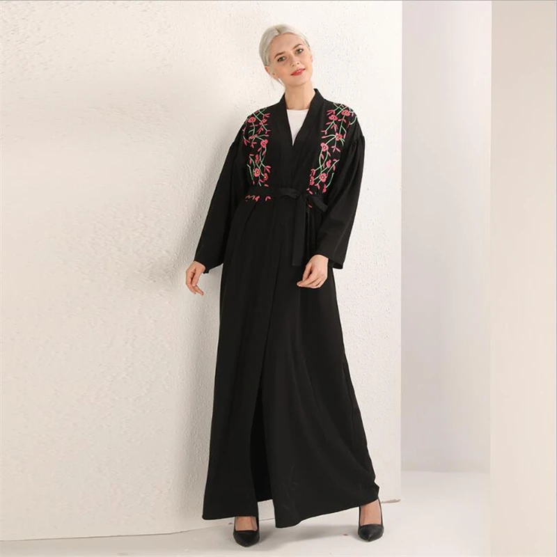 

Full sleeve islamic kimono abaya dubai arab fashion black maxi cardigan dress womens muslim open abaya caftan floral print
