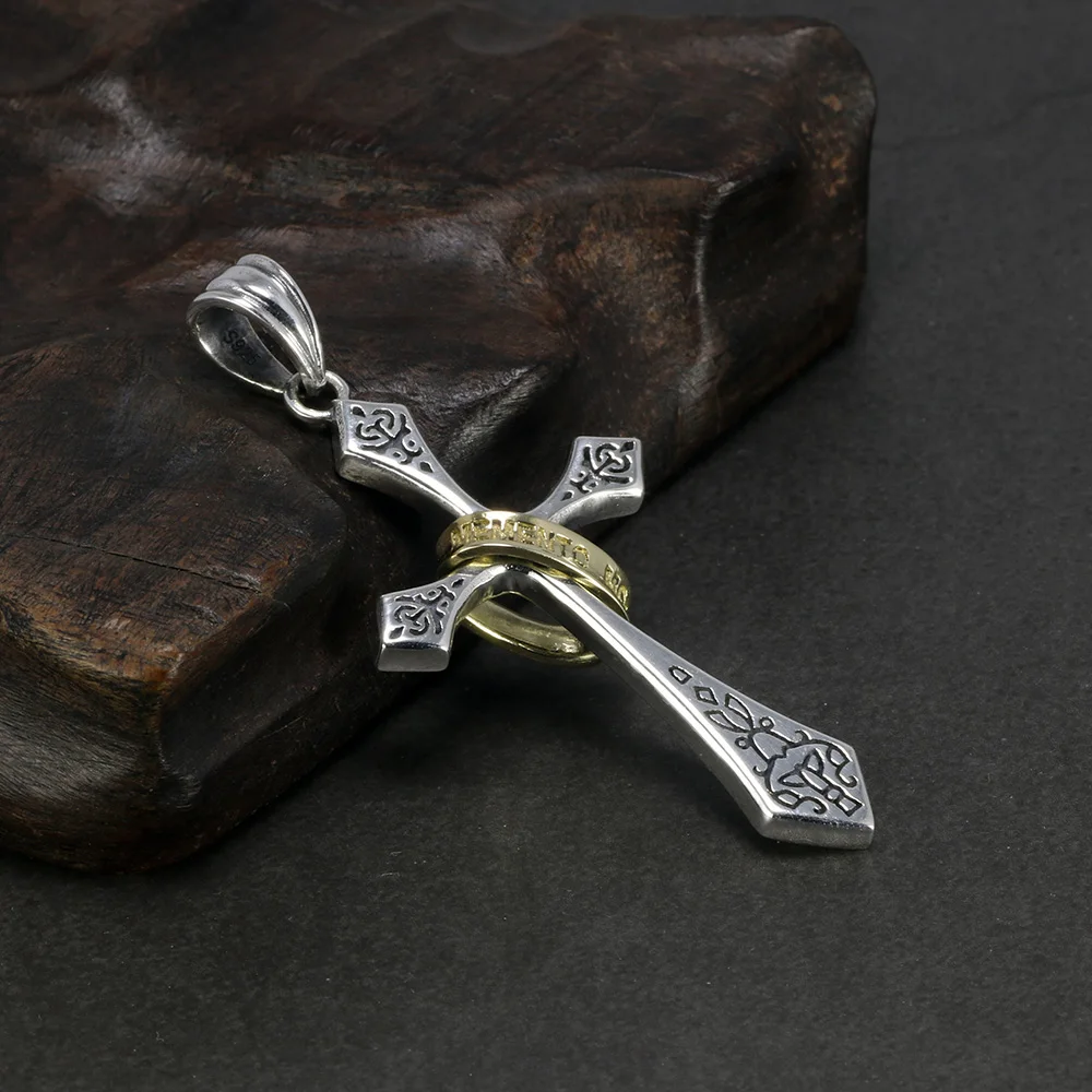 

925 Sterling Silver Jesus Cross Pendant Memento Mori Flower Carving With Gold Color Circle Vitnage Personality Retro Type
