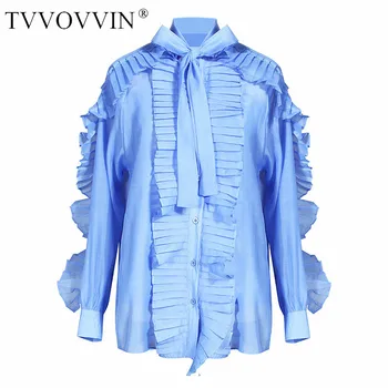 

Loose Women Blue Pleated Ruffles Two Piece Blouse New Bow Collar Long Sleeve Loose Fit Shirt Fashion Spring Autumn 2020 QW007
