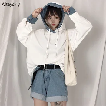 

Hoodies Women with Hat Chic Students Patchwork Fashion Simple Daily Korean Style Sweet Hoody Elegant Leisure Womens Ladies Soft