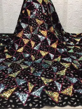

New African Lace Fabric with gold line an sequins design tulle velvet embroidery velvet Fabric Used for Africa women Party dress