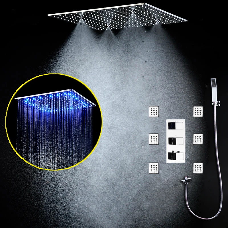 

20 Inch Modern Rain Shower Faucets Set Water Power LED Square Showerhead Thermostatic Diverter Vavle Body jets massage