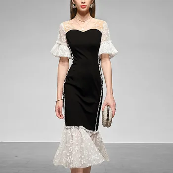 

Summer 2020 new women's temperament sexy slim long dress short sleeve was thin mid-length fishtail dress