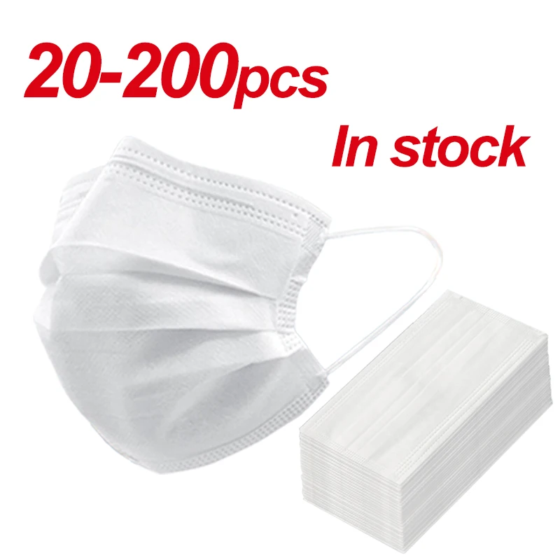 ¡En stock! Mascarilla desechable no tejida de 3 capas, máscara antipolvo con elásticos, 10/20/50/100/200 Uds.