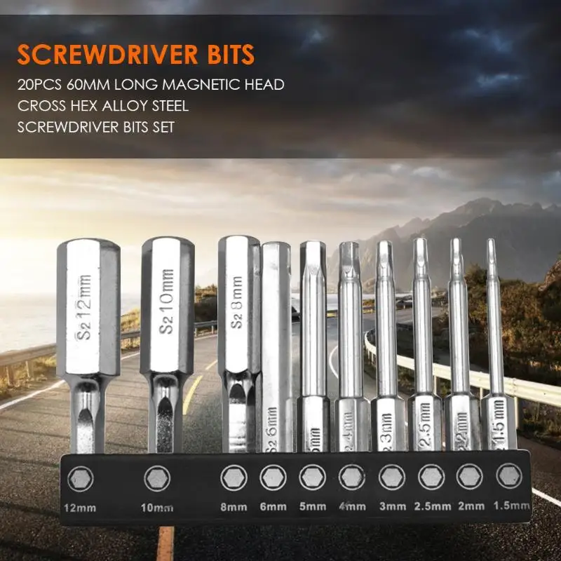 20pcs 60mm Long Magnetic Head Cross Hex Alloy Steel Screwdriver Bits Set
