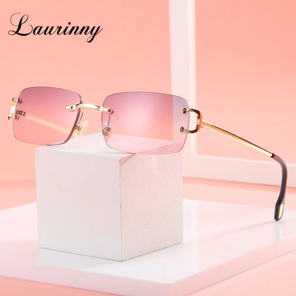 

Pink Rimless Rectangle Women Sunglasses Brand Design Metal Fashion Sun Glasses Men Gradient Ocean Lens Frameless Shades UV400