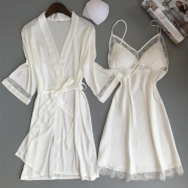 White set Сексуальное женское кимоно из вискозы, белый халат для невесты, невесты, подружки невесты, Свадебный халат, комплект, кружевная отделка, одежда для сна, Повседневная Домашняя одежда, ночное белье - Цвет: White set