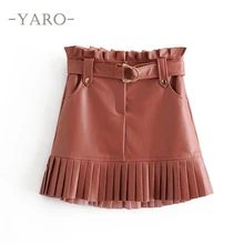 Плиссированная Складная мини-юбка из искусственной кожи с поясом и карманом, однотонная женская юбка для отдыха,, Летний Стиль