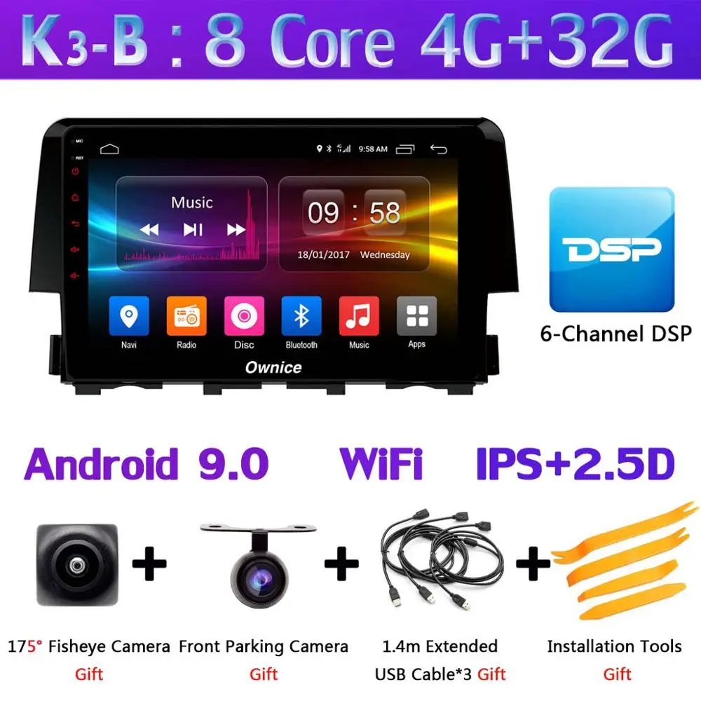 360 ° панорамный 8Core 4G+ 64G Android 9,0 автомобильный DVD мультимедийный плеер радио для Honda Civic gps SPDIF DSP CarPlay - Цвет: K3-B
