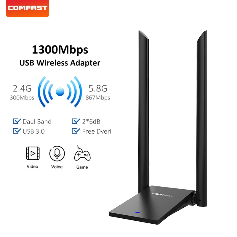 COMFAST 5.8GHz Usb WiFi Adapter 1300Mbps 802.11ac Long Distance WIFI  Receiver 2*6dBi Antennas Dual Band CF WU782AC|Network Cards| - AliExpress