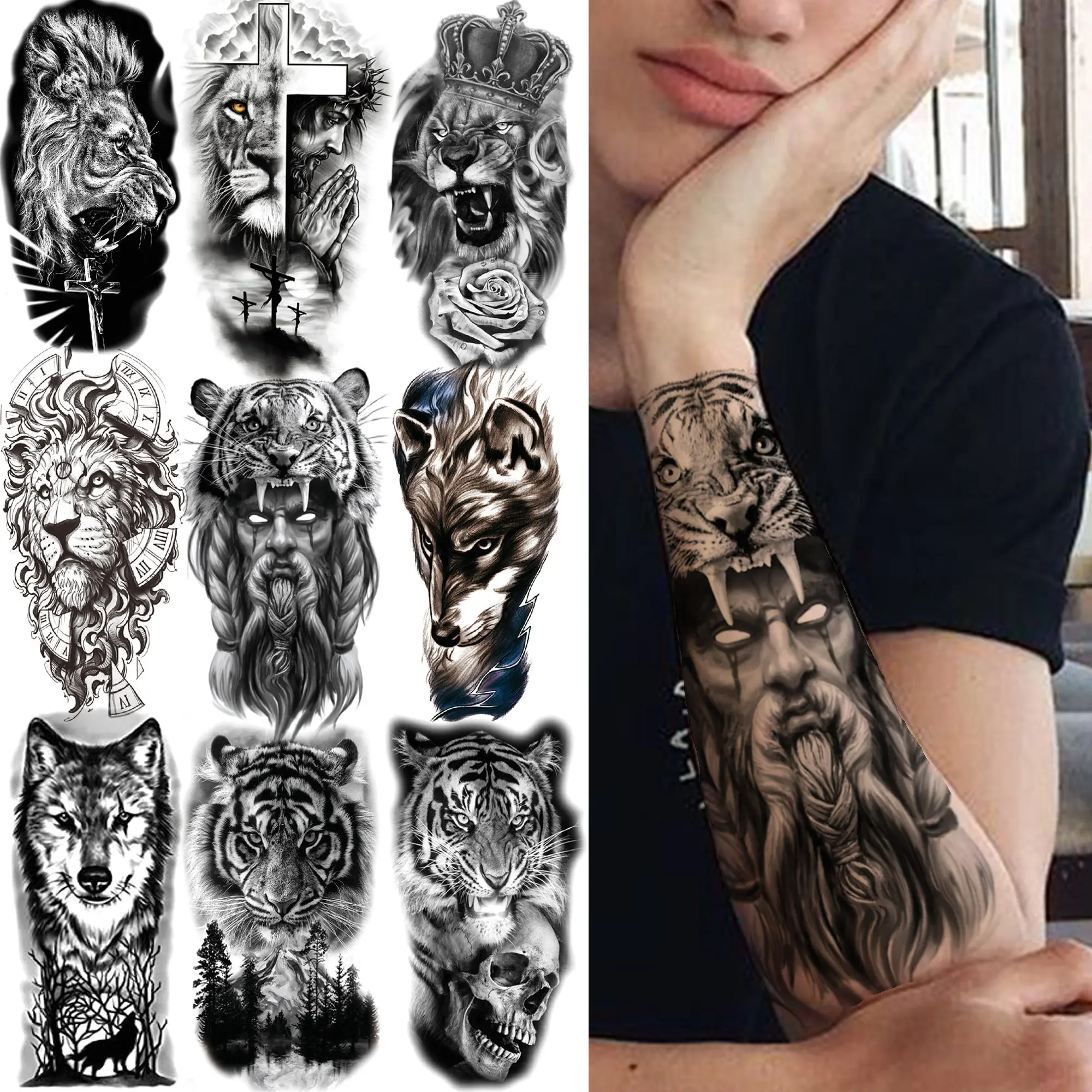 

Monster Tiger Temporary Tattoos For Men Women Kids Boy Cross Lion Fake Wolf Tatoo Sticker Death Skull Black Forest Tattoos Crown