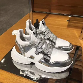 

New Colors Fashion Extended Sole Platforms Trainers Lace Up Causal Women Shoes Beautiful H Sneakers For Women Silver White