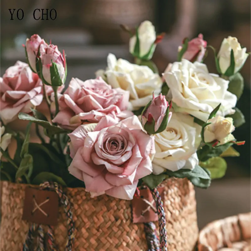 YO CHO-Vintage Flores De Seda Artificiais, 2 Cabeças, Rosas Grandes, Filial De Flor Falso, Peônia Branca, Outono, Casamento, Casa
