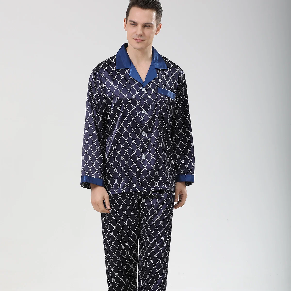 

Lisacmvpnel Men's Imitation Silk Pajamas Long Sleeved Printed Pajama Set