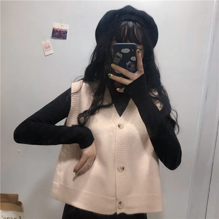 Autumn Women Solid Color Sweater Cardigan Vest Loose Wearing A Small Korean New Knitted Cardigan Single-breasted Women Vest