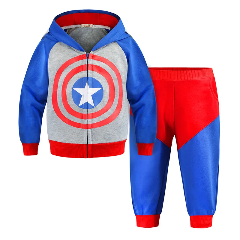 Одежда для мальчиков; костюм Капитана Америки; комплекты одежды для мальчиков; хлопковая тонкая стильная куртка с капюшоном и брюки;