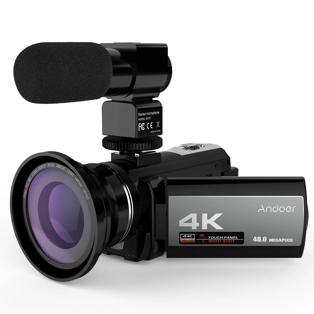 Andoer Portable Home Video Camera 4K 48MP WiFi Digital Video Camera Camcorder with External Microphone 0.39X Wide Angle Lens