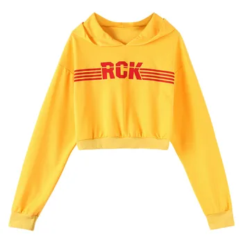 

New Women Hoodies Jumper Bright Yellow Short Sweatshirt Female Cropped Top Winter Letter Print Loose Hooded Pullover Sports Coat